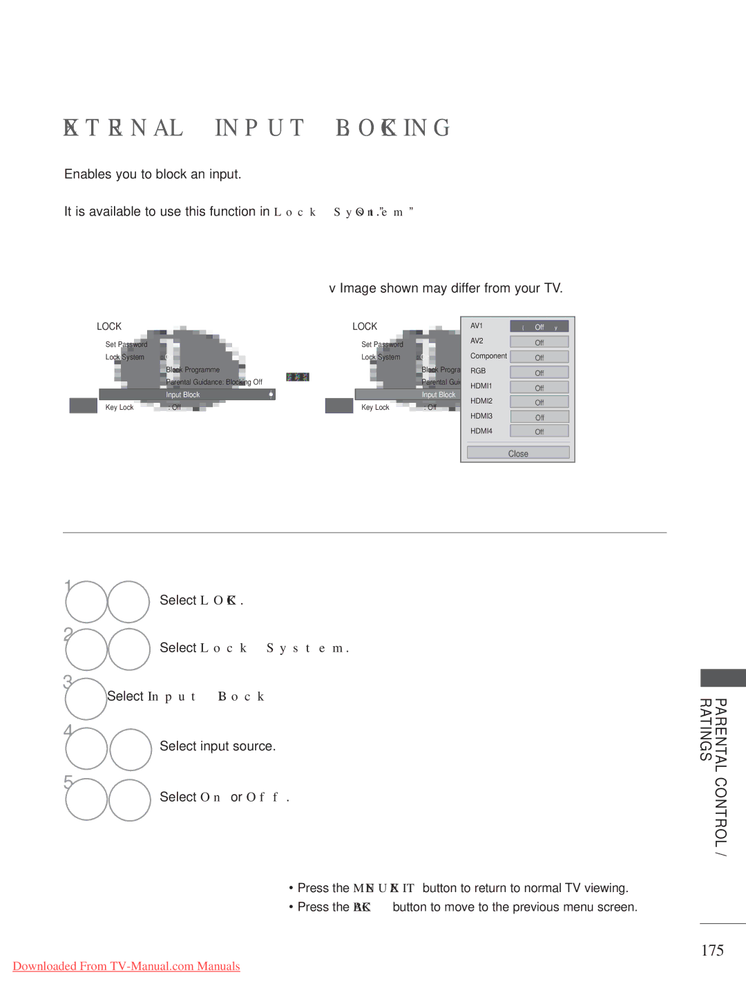 LG Electronics 32/37/42/47/55LE75, 50/60PX9, 50/60PK7 External Input Blocking, 175, Select Lock System Select Input Block 