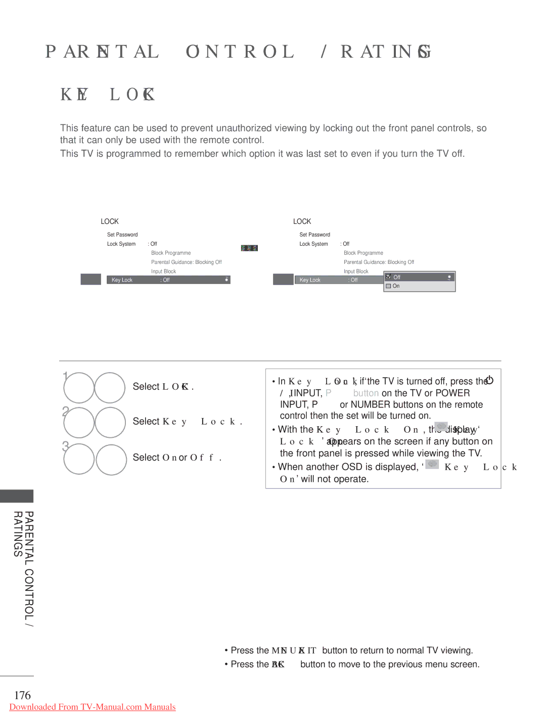 LG Electronics 47/55LX9, 50/60PK7, 50/60PX9***, 42/47LX6***, 42/47LE73**, 42/47/55LE8***, 32/42/47LD7 KEY Lock, 176 