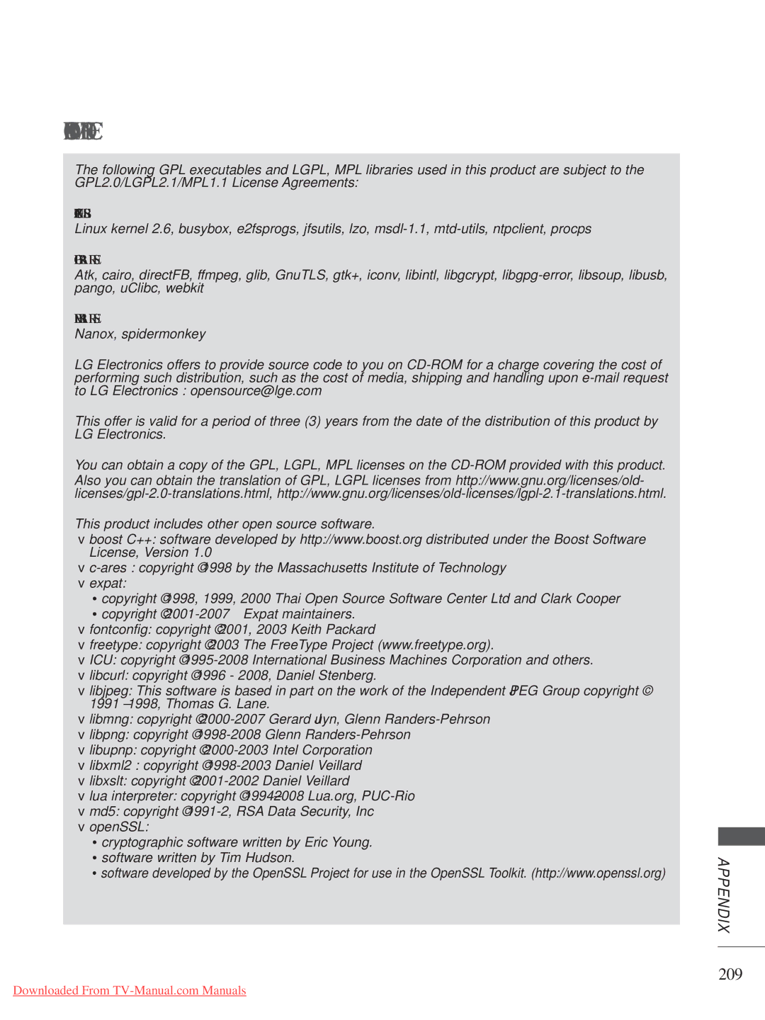 LG Electronics 50/60PK9***, 50/60PK7, 50/60PX9***, 42/47LX6***, 42/47LE73**, 47/55LX9 Open Source Software Notice, 209 