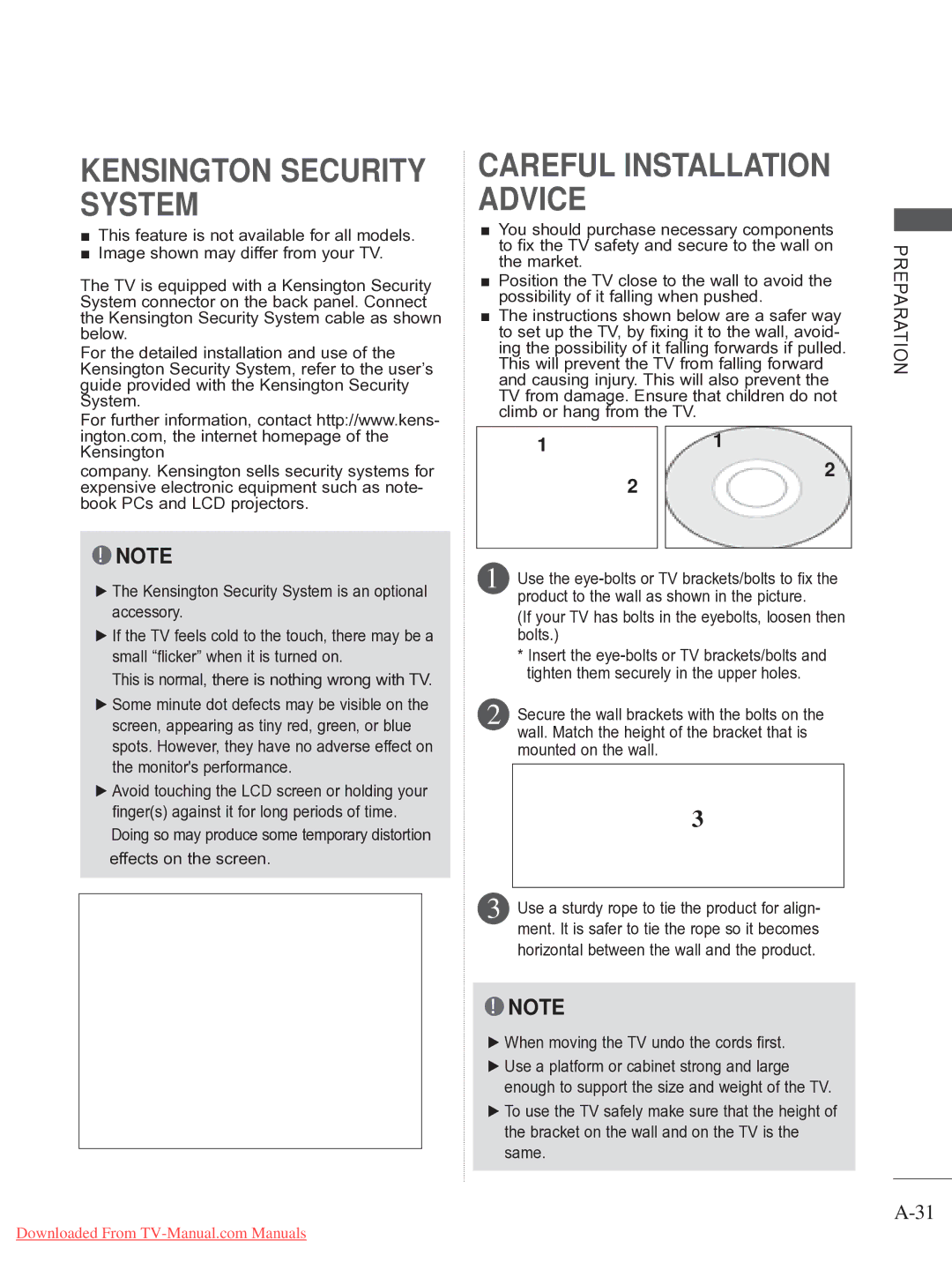 LG Electronics 42/47LX6***, 50/60PX9, 50/60PK7 Kensington Security System, Product to the wall as shown in the picture 