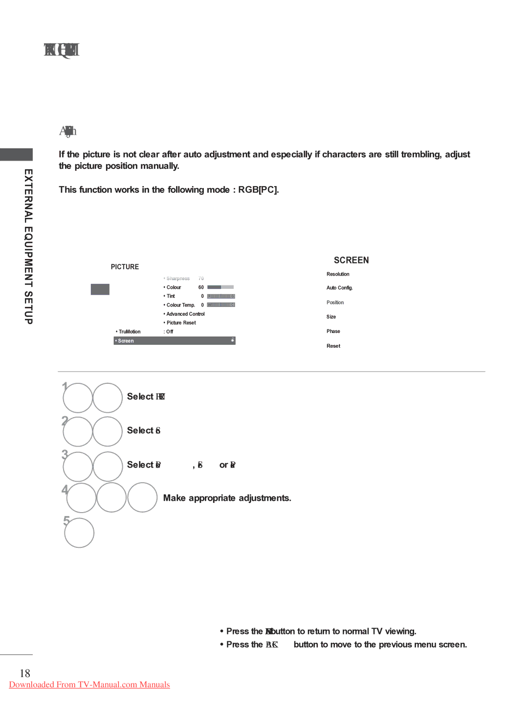 LG Electronics 32/37/42/47/55LE5***, 50/60PX9 Adjustment for screen Position, Size, Phase, Select Position, Size or Phase 