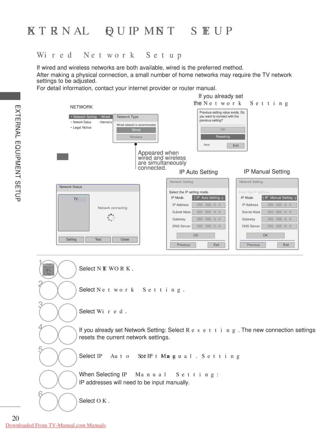 LG Electronics 32/37/42/47/55LE75, 50/60PX9, 50/60PK7, 42/47LX6 Select Network Setting, When Selecting IP Manual Setting 