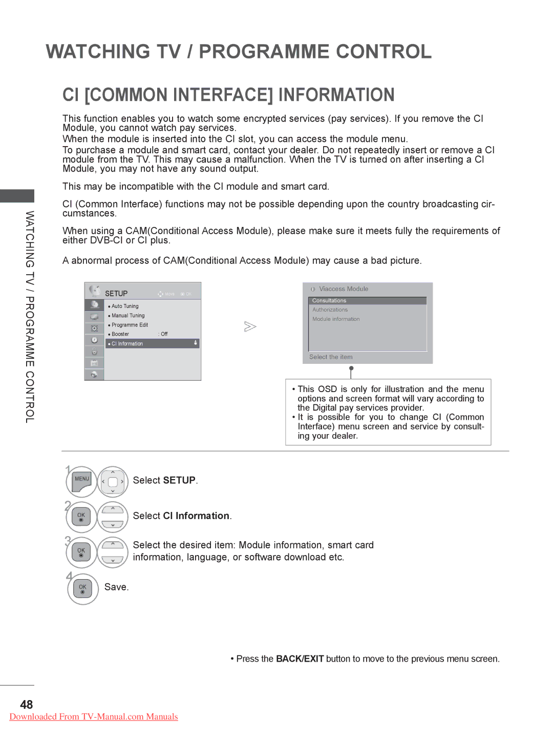 LG Electronics LED LCD TV Models : 32/37/42LE4*** CI Common Interface Information, Programme, Select CI Information 