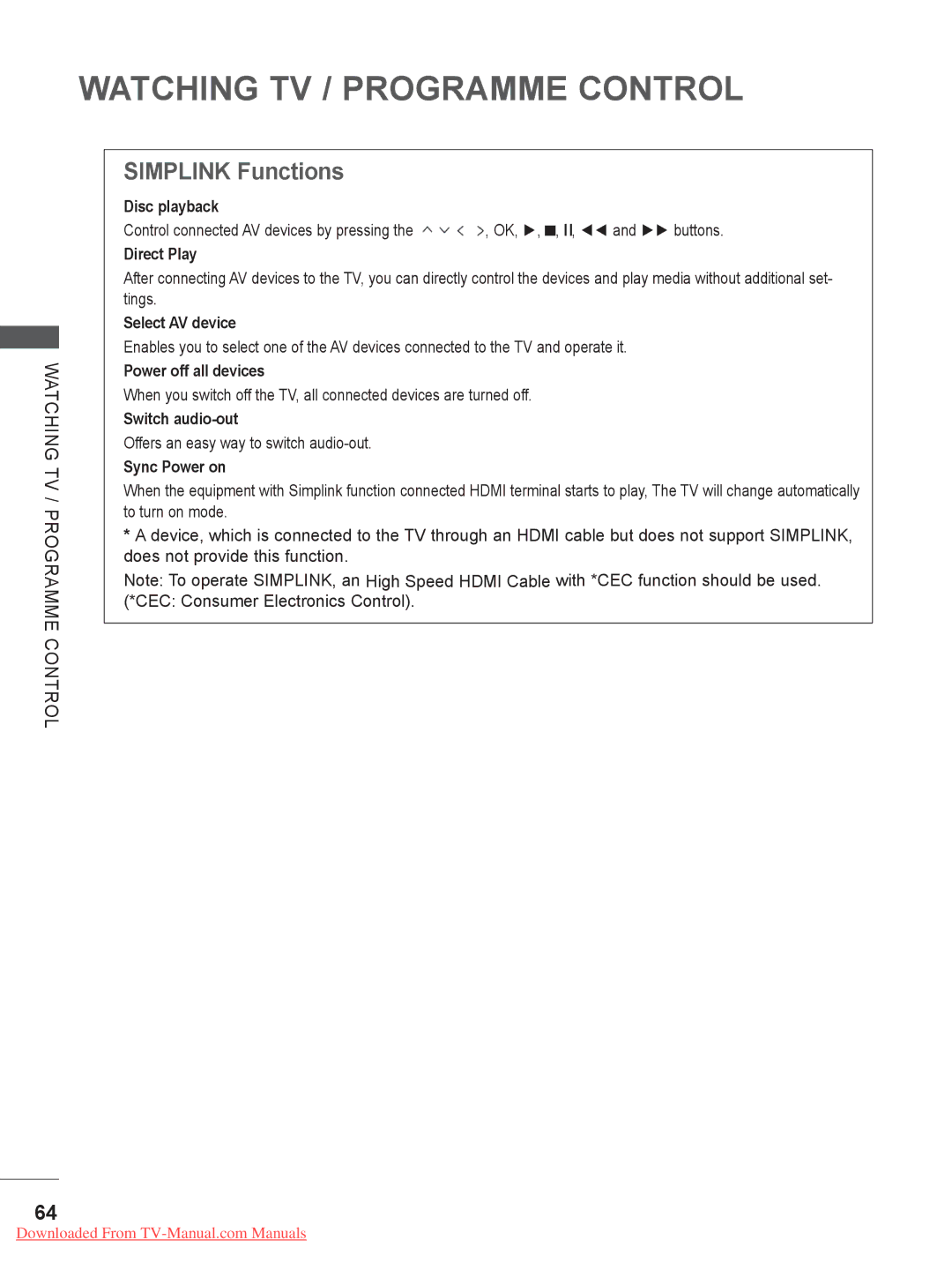 LG Electronics LED LCD TV Models : 32/37/42LE4***, 50/60PX9*** ..........................A-45 Simplink Functions 