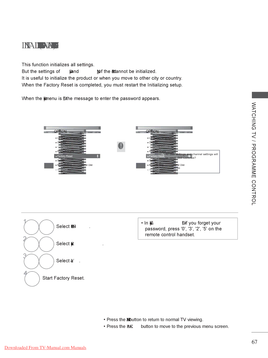 LG Electronics LED LCD TV Models : 32/37/42LE4*** Initializingreset to Original Factory Settings, Select Factory Reset 