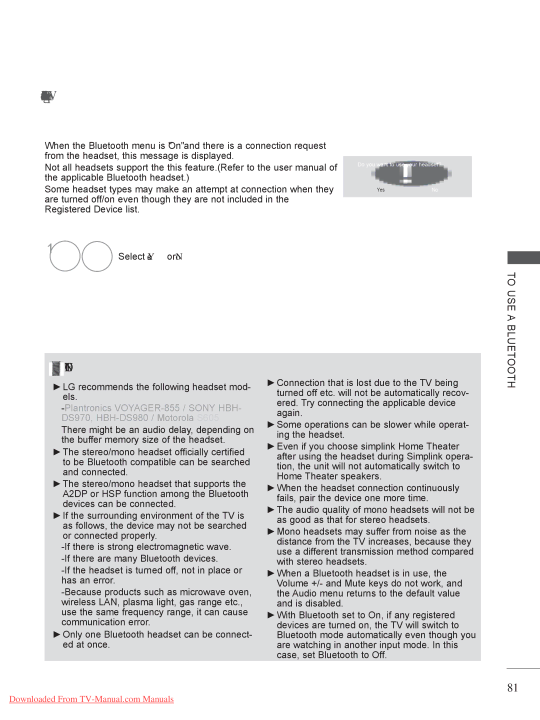 LG Electronics 50/60PX9*** ..........................A-45 When requesting to connect to TV from the Bluetooth headset 