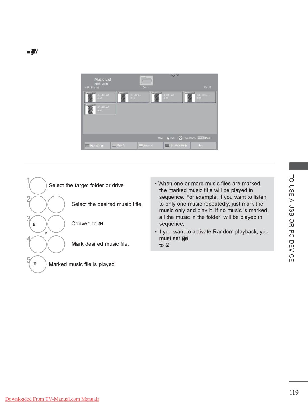 LG Electronics LED LCD TV Models : 32/37/42LE4*** owner manual 119, When selected music files are played 