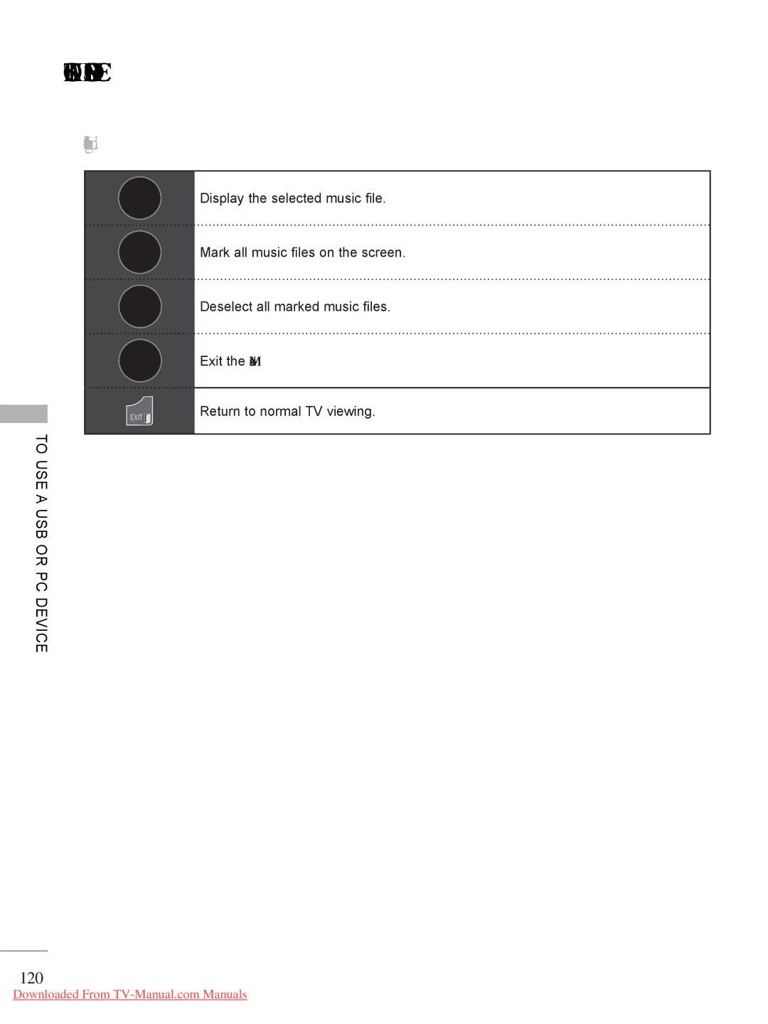 LG Electronics LED LCD TV Models : 32/37/42LE4*** 120, Display the selected music file, Mark all music files on the screen 