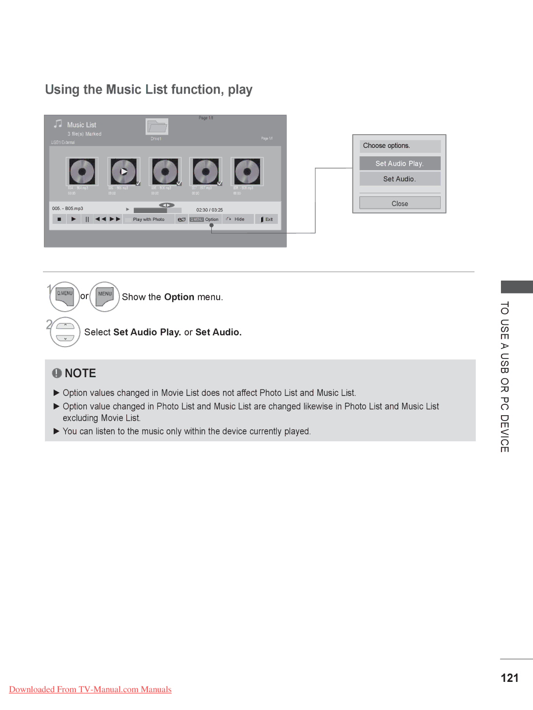 LG Electronics 50/60PX9*** ..........................A-45 owner manual Using the Music List function, play, 121 