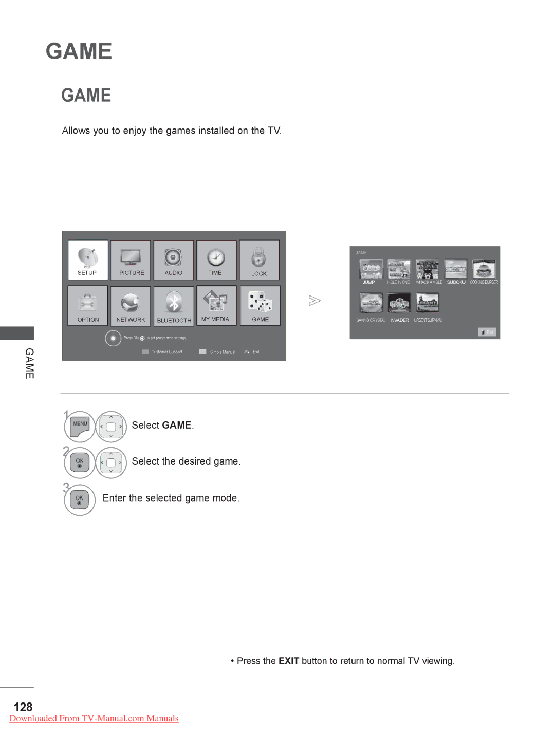 LG Electronics LED LCD TV Models : 32/37/42LE4*** owner manual Game, 128, Allows you to enjoy the games installed on the TV 