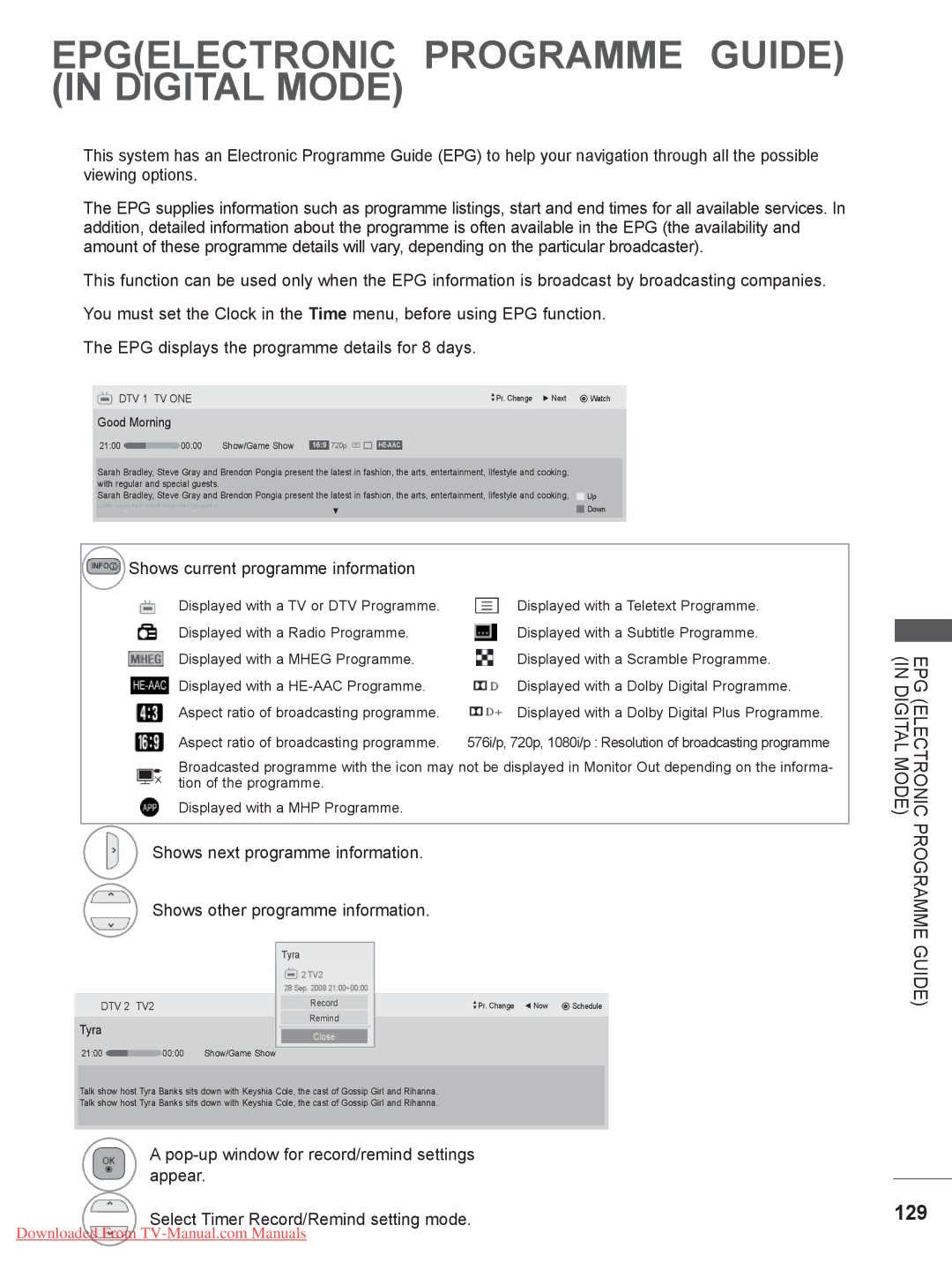 LG Electronics 50/60PX9*** ..........................A-45 owner manual 129, Shows current programme information, Guide 