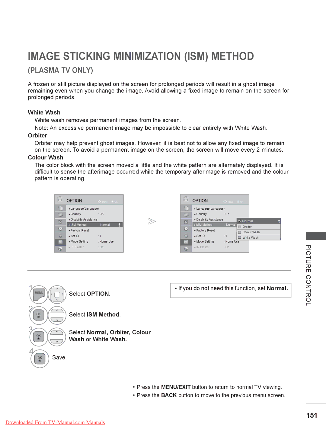 LG Electronics owner manual Image Sticking Minimization ISM Method, 151, White Wash, Orbiter, Colour Wash 