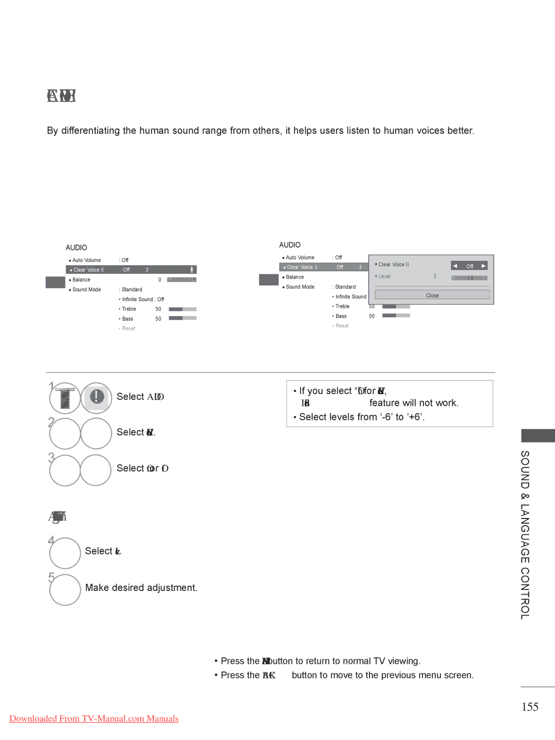 LG Electronics owner manual Adjustment for Clear Voice Level With selecting On, 155, Select Clear Voice 