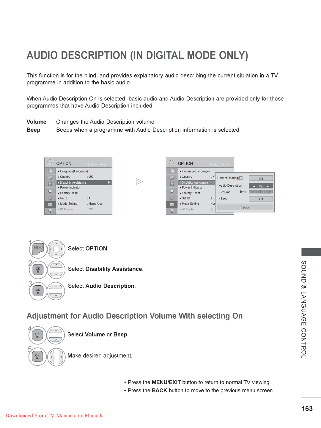 LG Electronics Audio Description in Digital Mode only, Adjustment for Audio Description Volume With selecting On, 163 