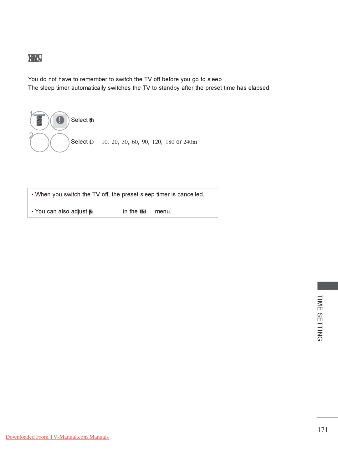 LG Electronics LED LCD TV Models : 32/37/42LE4***, 50/60PX9*** ..........................A-45 Sleep Timer Setting, 171 