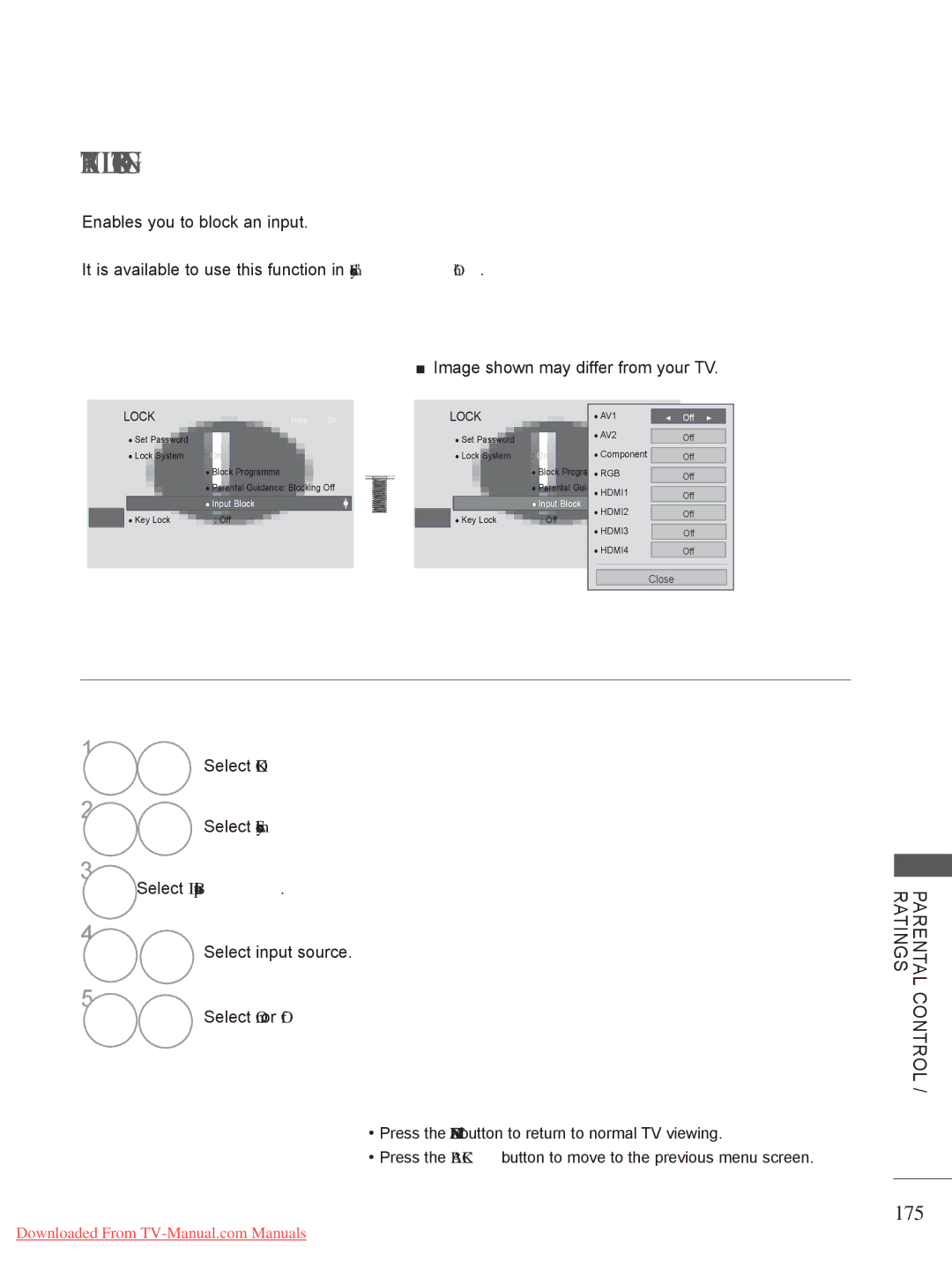 LG Electronics External Input Blocking, 175, Select Lock System Select Input Block, Select input source Select On or Off 