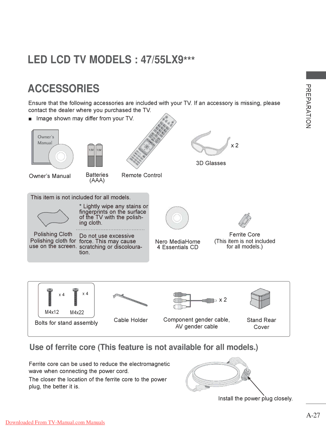 LG Electronics LED LCD TV Models 47/55LX9 Accessories, Aaa, Nero MediaHome, Bolts for stand assembly Cable Holder 