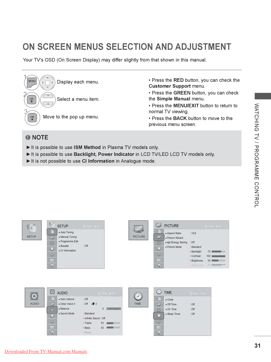 LG Electronics owner manual On Screen Menus Selection and Adjustment, Watching, TV / Programme Control 