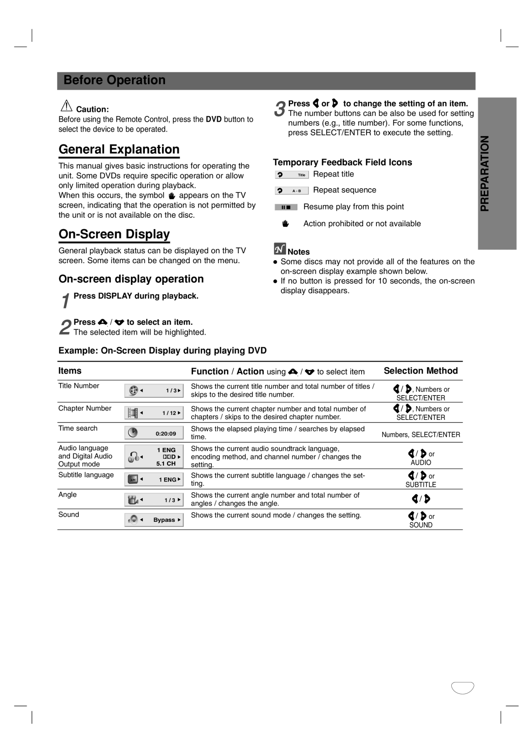 LG Electronics LF-D7150 owner manual General Explanation, On-Screen Display, On-screen display operation 