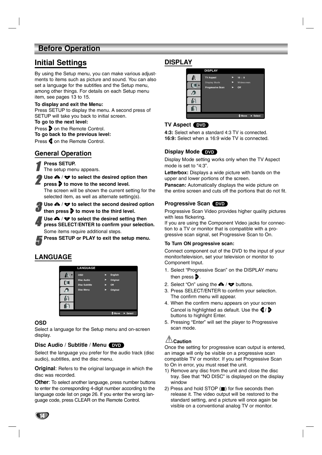 LG Electronics LF-D7150 owner manual Before Operation Initial Settings, General Operation, Language, Display 