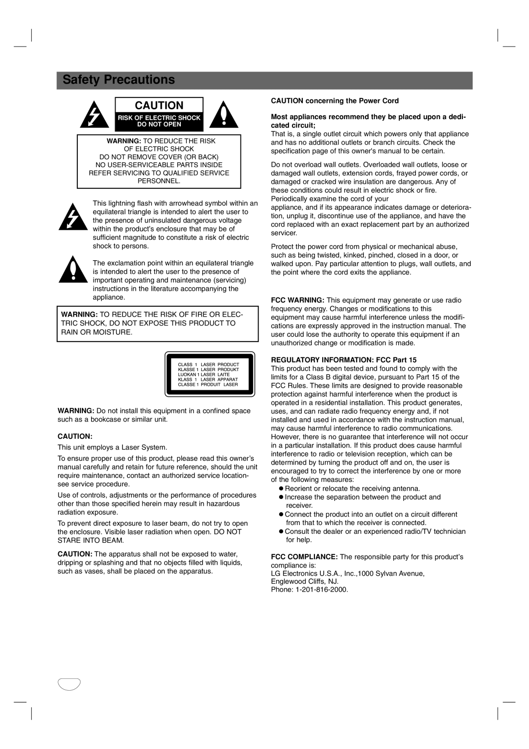 LG Electronics LF-D7150 owner manual Safety Precautions, Regulatory Information FCC Part 