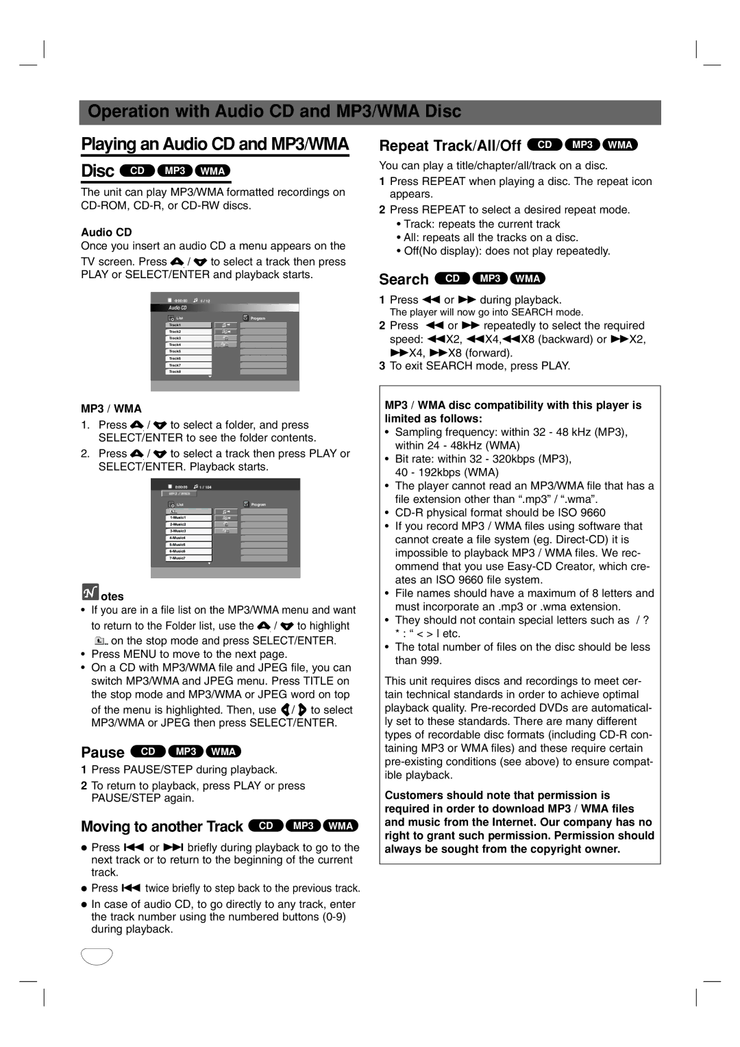 LG Electronics LF-D7150 owner manual Operation with Audio CD and MP3/WMA Disc, Moving to another Track CD MP3 WMA 