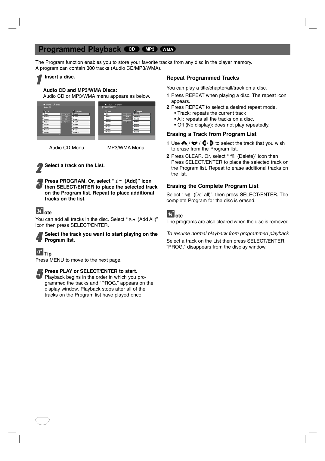 LG Electronics LF-D7150 Programmed Playback CD MP3 WMA, Repeat Programmed Tracks, Erasing a Track from Program List 