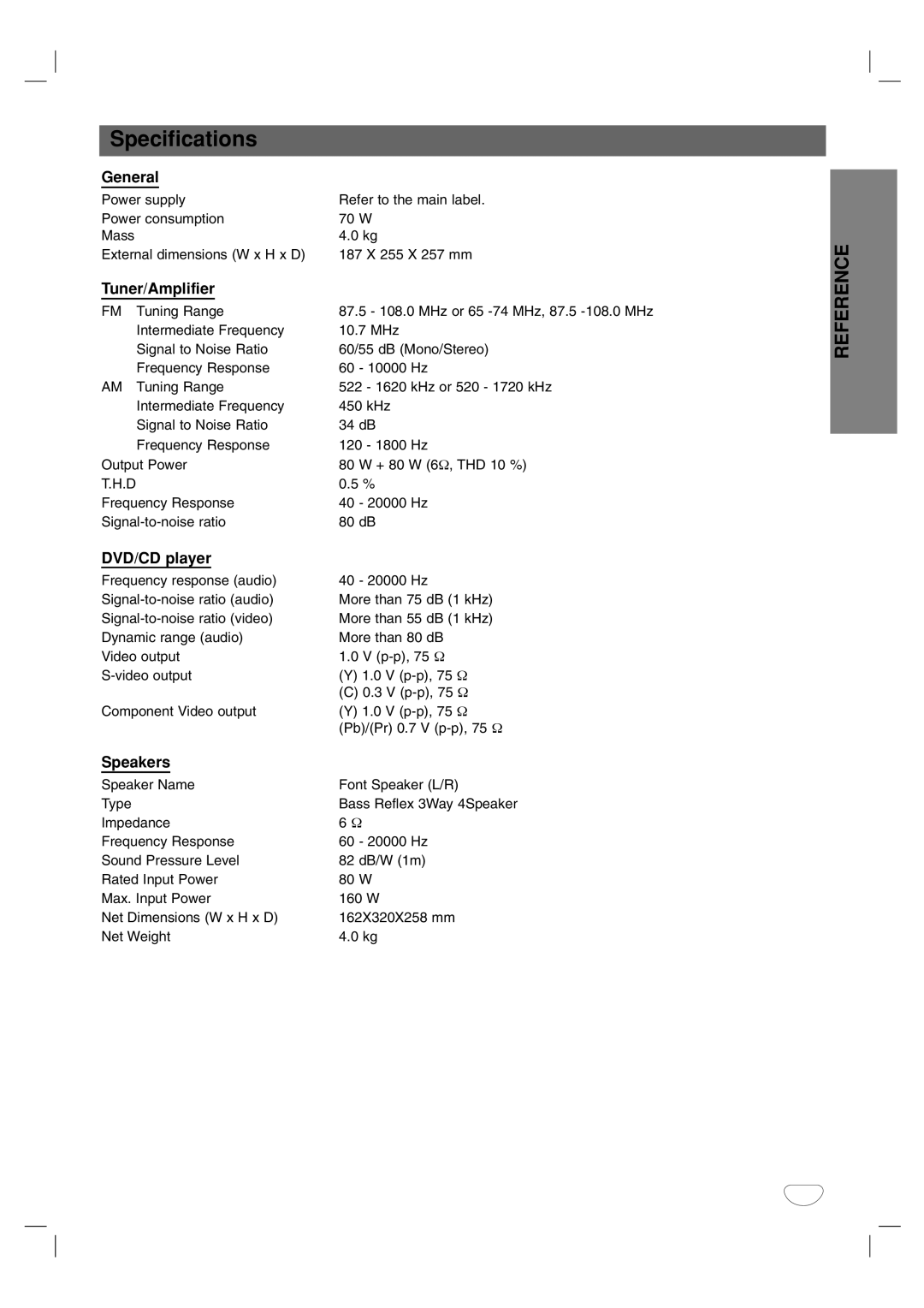 LG Electronics LF-D7150 owner manual Specifications, Reference 