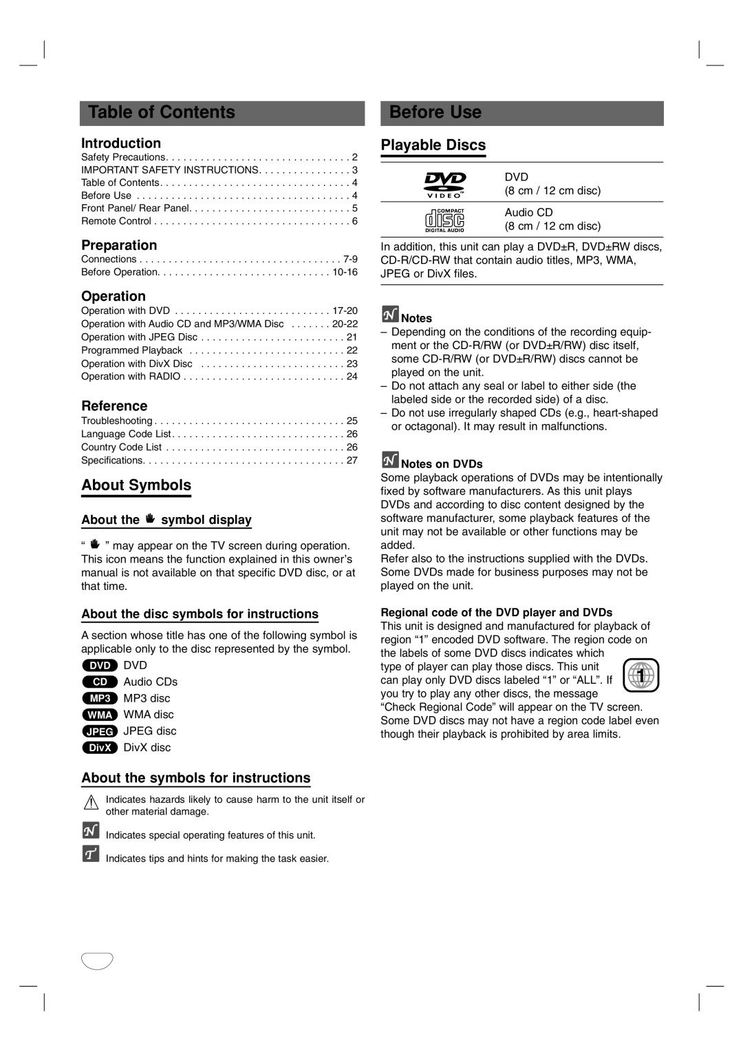 LG Electronics LF-D7150 owner manual Table of Contents Before Use 