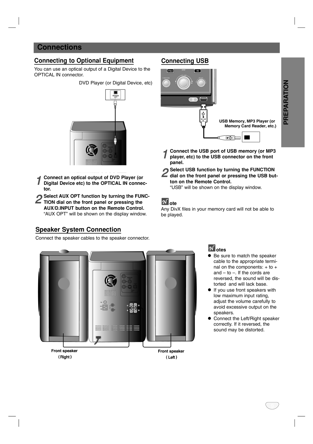 LG Electronics LF-D7150 owner manual Connecting to Optional Equipment, Connecting USB, Speaker System Connection 