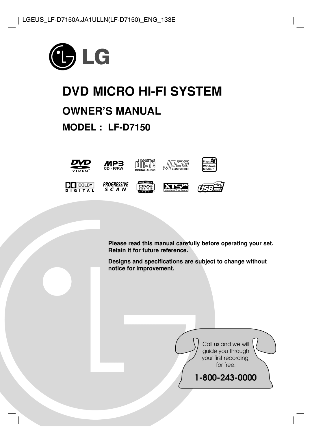 LG Electronics owner manual Owner’S Manual, Dvd Micro Hi-Fisystem, MODEL : LF-D7150, 1-800-243-0000 