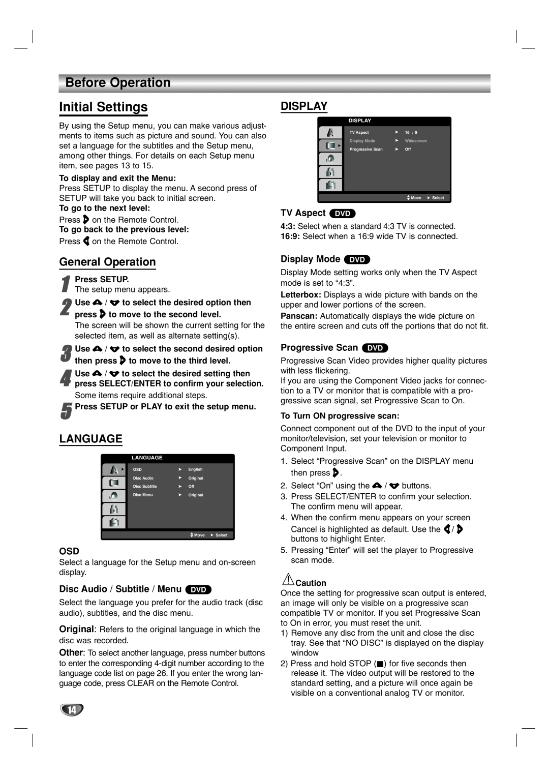 LG Electronics LF-D7150 owner manual Initial Settings, Before Operation, Disc Audio / Subtitle / Menu DVD, TV Aspect DVD 