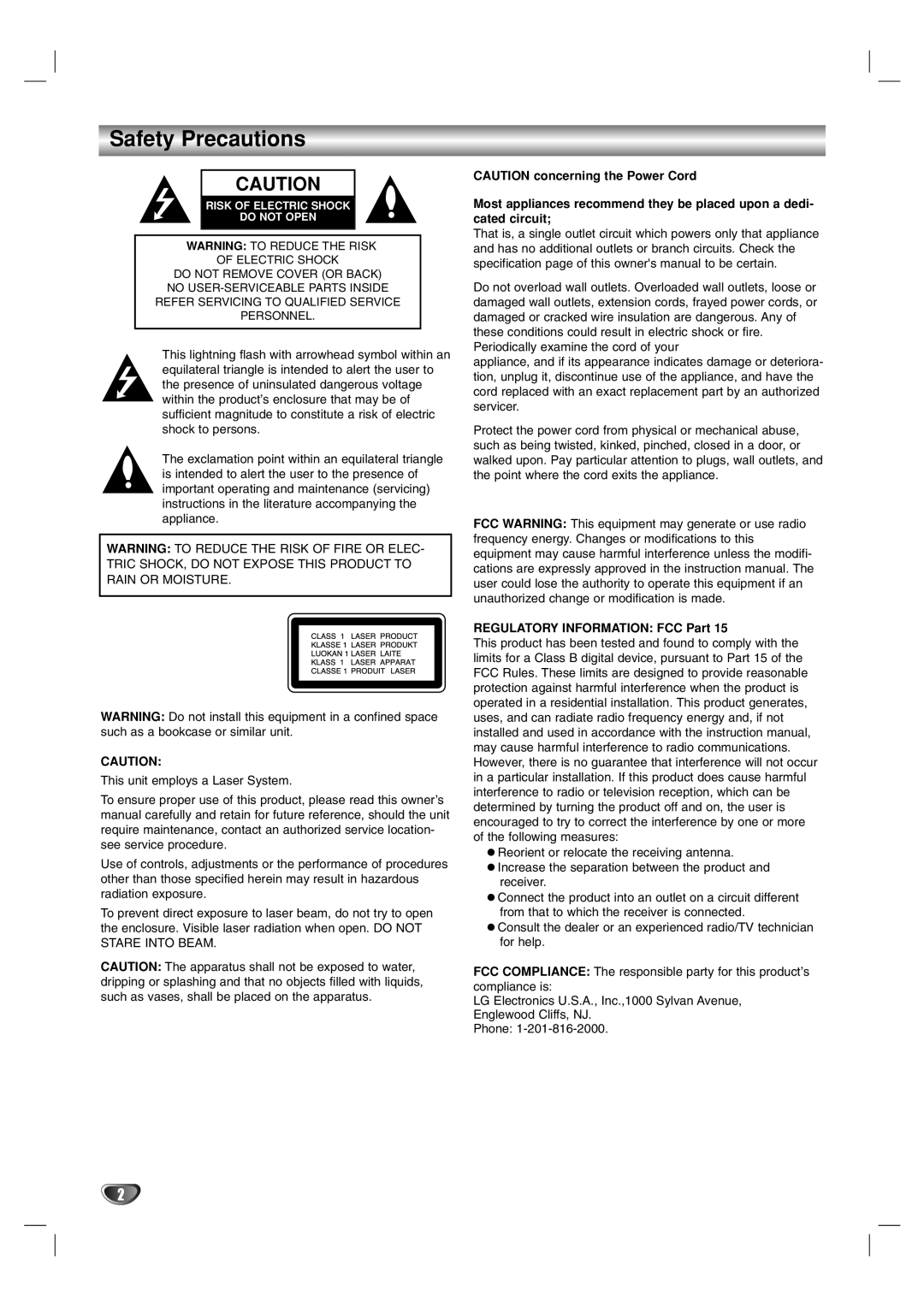 LG Electronics LF-D7150 Safety Precautions, CAUTION concerning the Power Cord, REGULATORY INFORMATION: FCC Part 