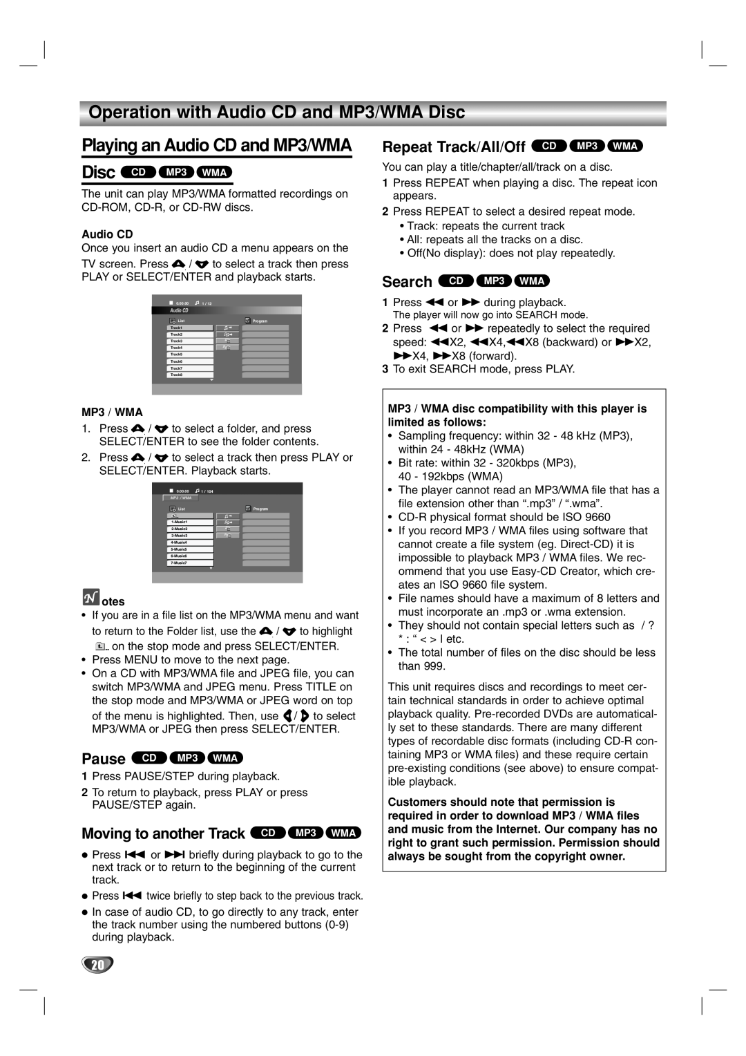 LG Electronics LF-D7150 owner manual Operation with Audio CD and MP3/WMA Disc, Playing an Audio CD and MP3/WMA 