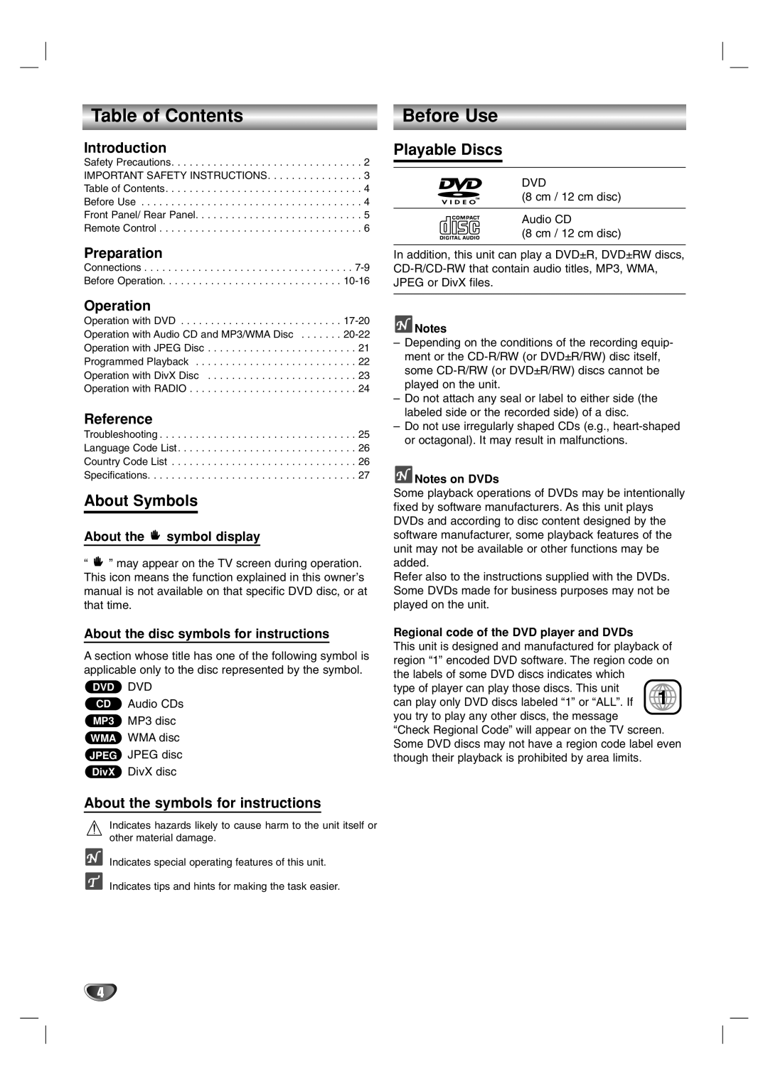 LG Electronics LF-D7150 owner manual Table of Contents, Before Use, About Symbols, Playable Discs, About the symbol display 
