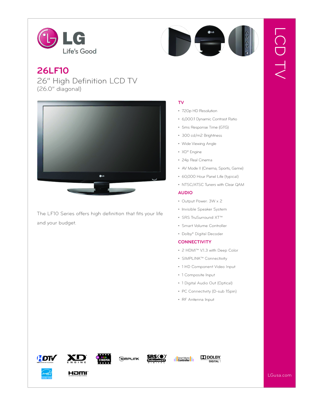 LG Electronics 26LF10 manual Audio, Connectivity 