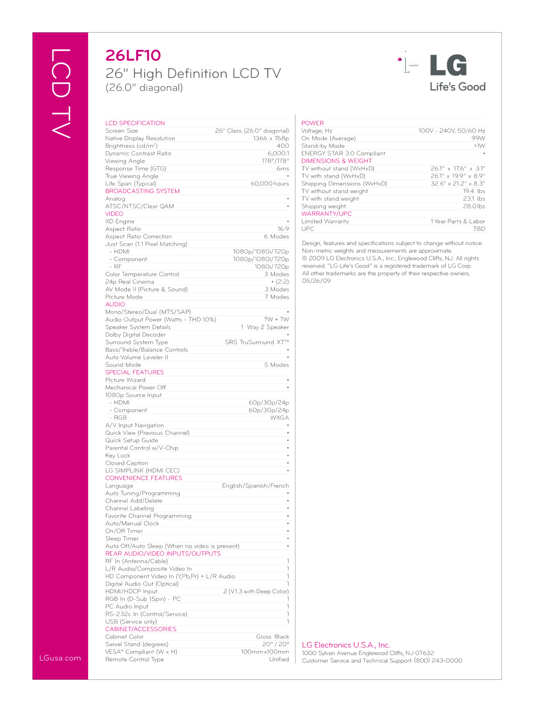 LG Electronics LF10 LCD Specification, Broadcasting System, Video, Audio, Special Features, Convenience Features, Power 