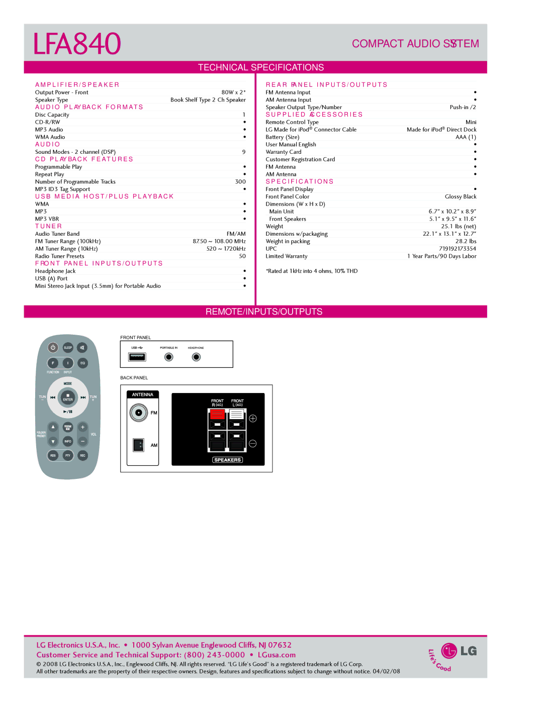 LG Electronics LFA840 manual Technical Specifications, Remote/Inputs/Outputs 