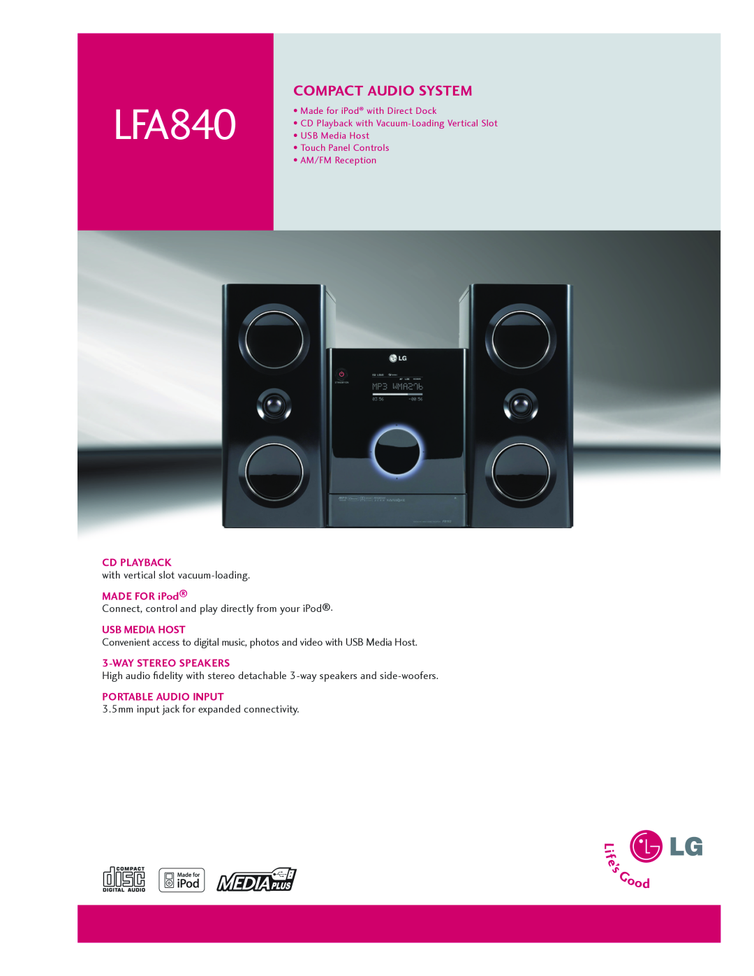 LG Electronics LFA840 manual COMPACT Audio System, CD Playback, Made for iPod, Usb Media Host, Waystereo Speakers 