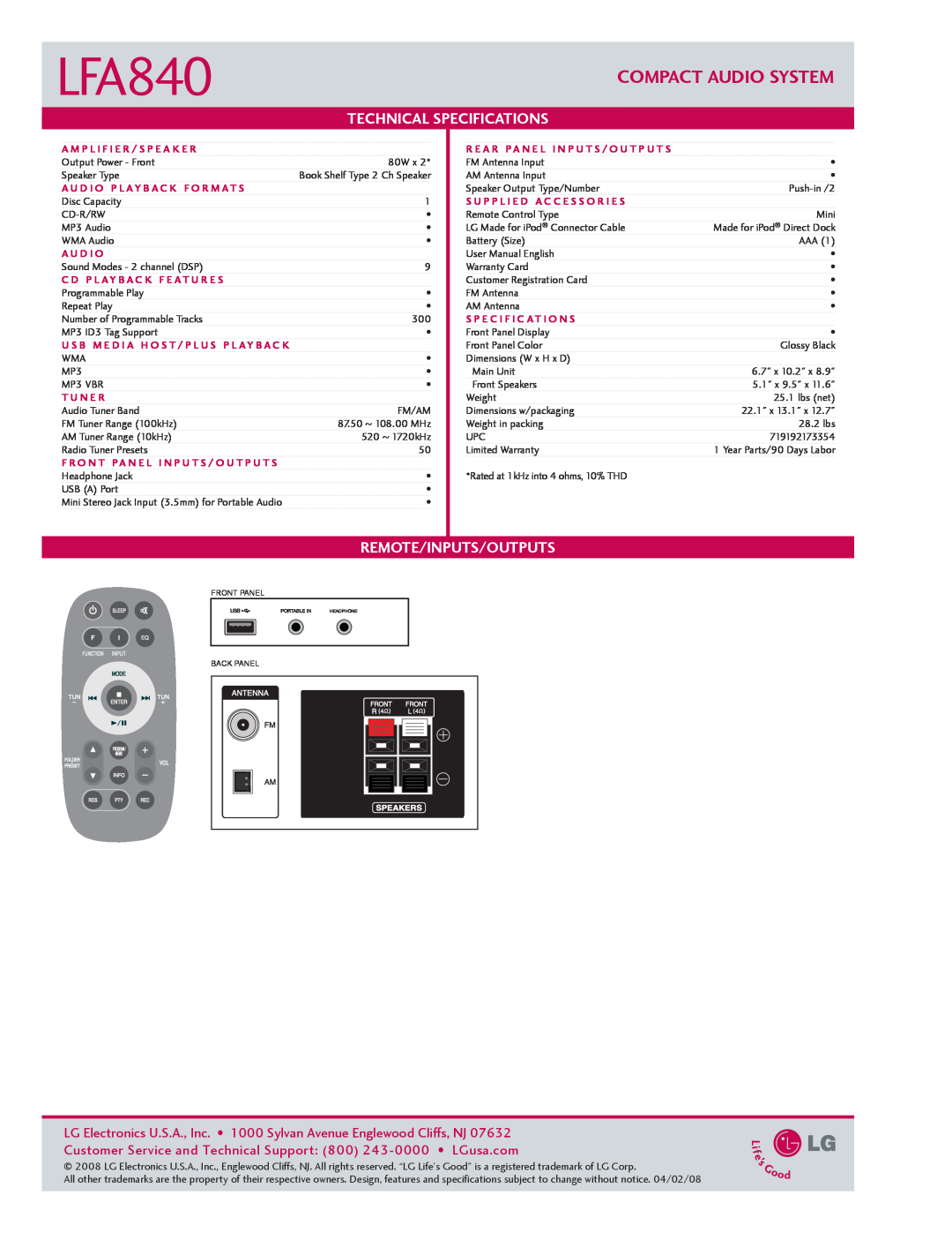 LG Electronics LFA840 manual Compact Audio System, Technical Specifications, Remote/Inputs/Outputs 