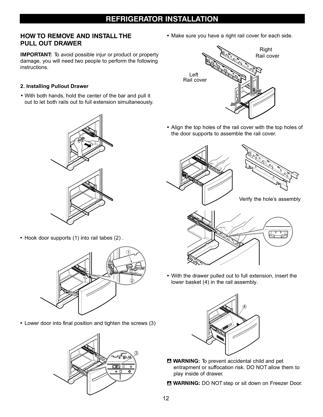 LG Electronics LFC20760 owner manual HOW to Remove and Install Pull OUT Drawer, Installing Pullout Drawer 