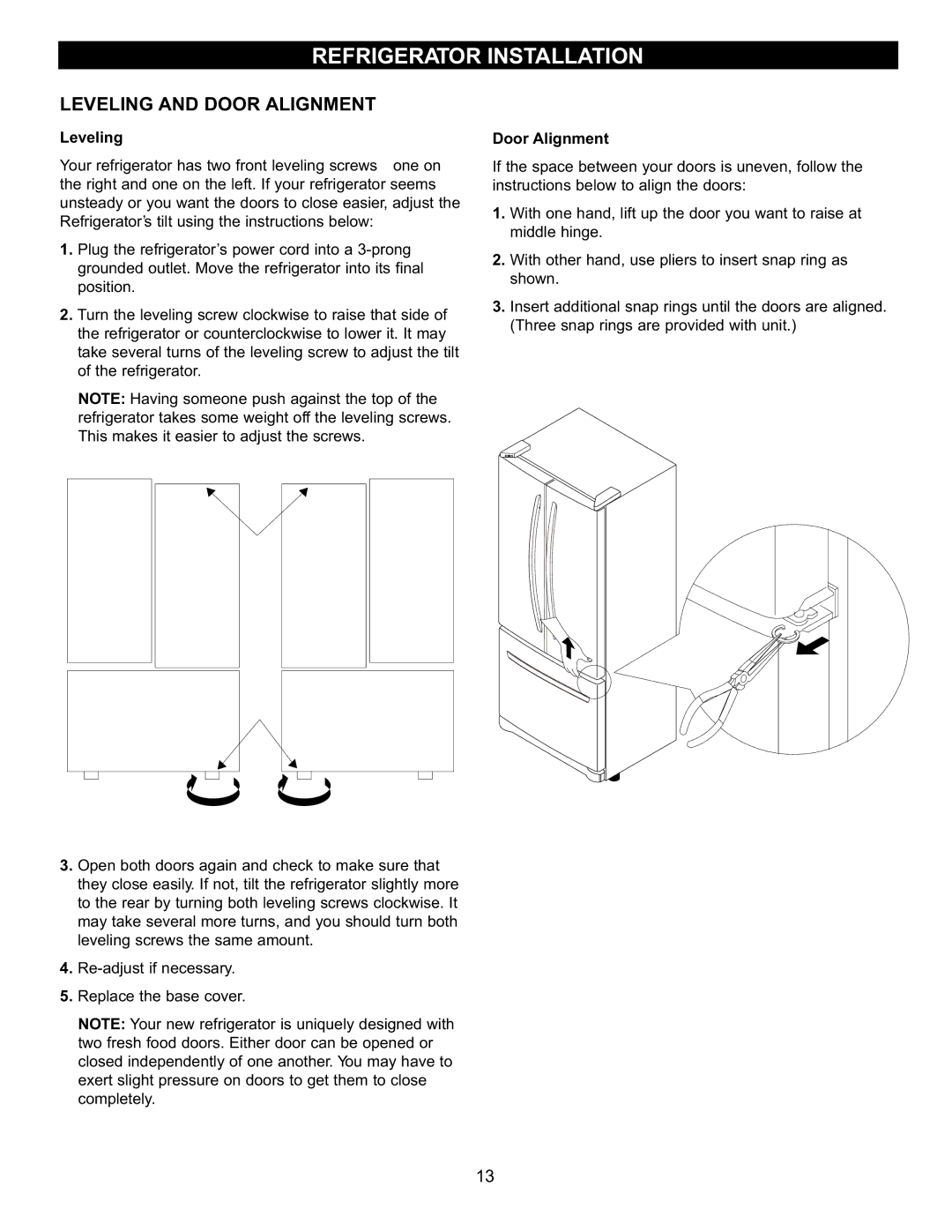 LG Electronics LFC20760 owner manual Leveling and Door Alignment 