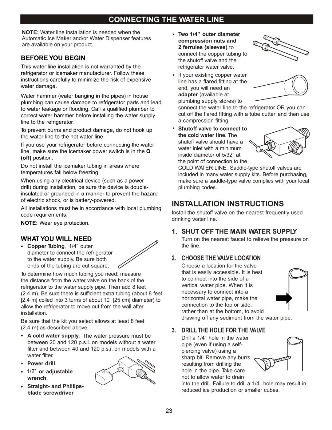 LG Electronics LFC20760 owner manual Connecting the Water Line, Shut OFF the Main Water Supply, Choose the Valve Location 