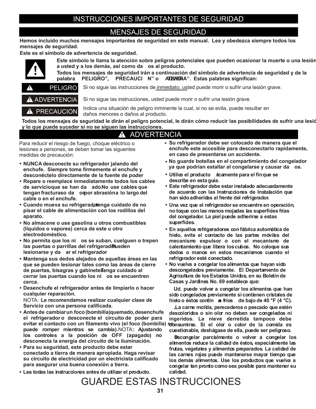 LG Electronics LFC20760 owner manual Instrucciones Importantes DE Seguridad Mensajes DE Seguridad, Advertencia 