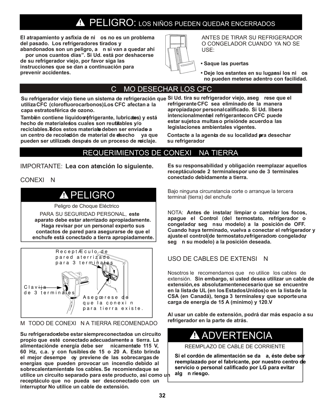 LG Electronics LFC20760 owner manual Cómo Desechar LOS CFC, Requerimientos DE Conexión a Tierra, USO DE Cables DE Extensión 