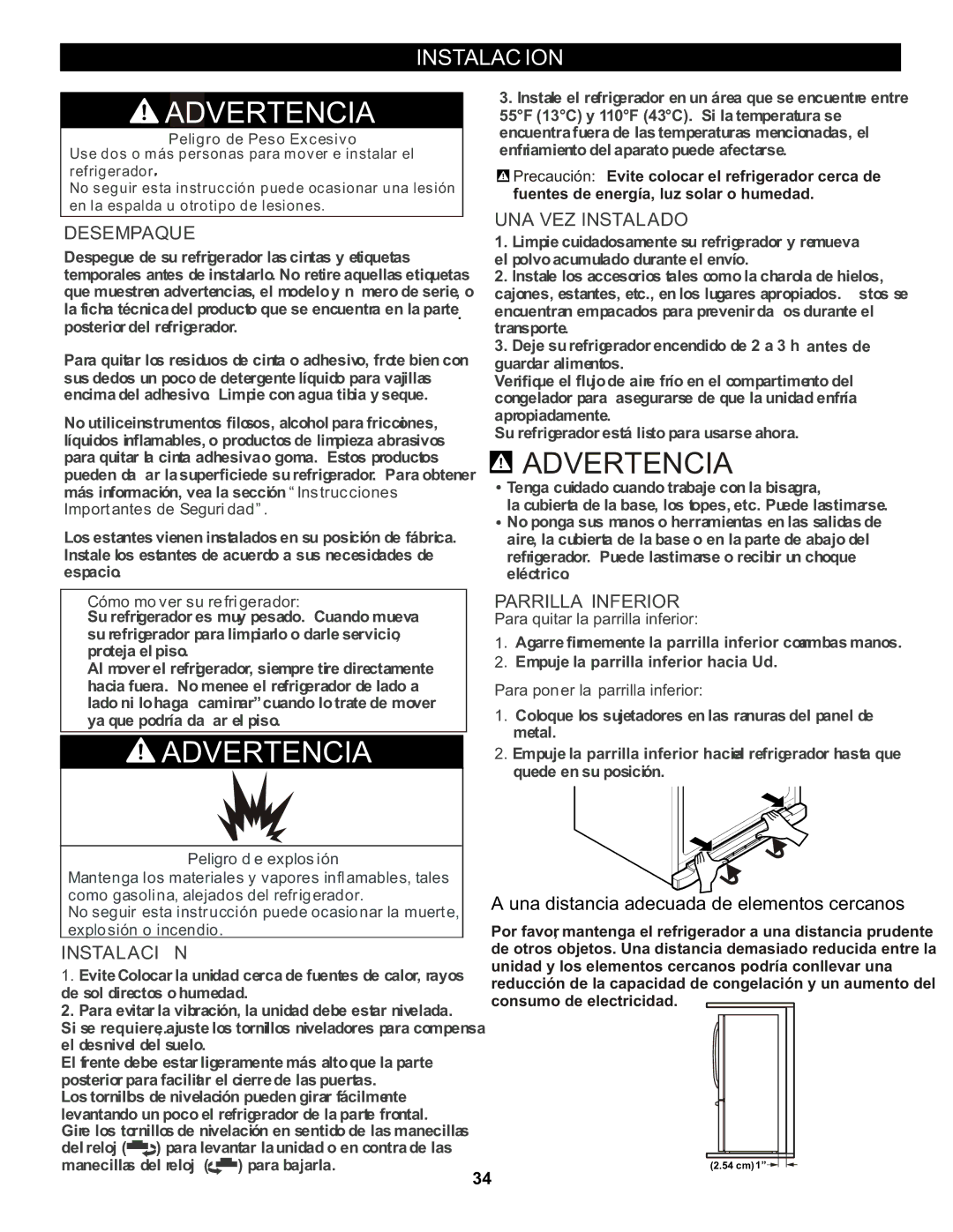 LG Electronics LFC20760 owner manual Instalacion, Desempaque, Instalación, UNA VEZ Instalado, Parrilla Inferior 