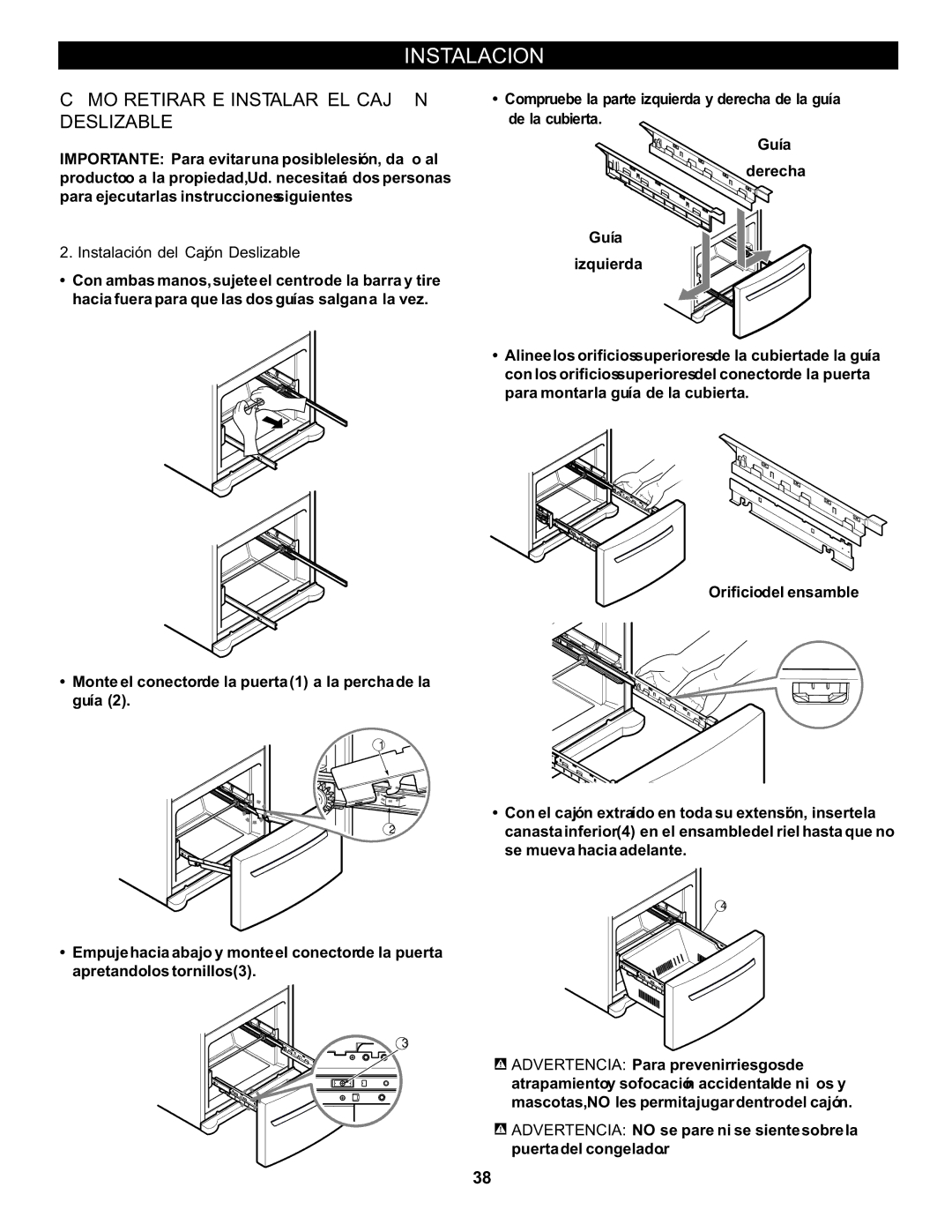 LG Electronics LFC20760 owner manual Instalación del Cajón Deslizable 