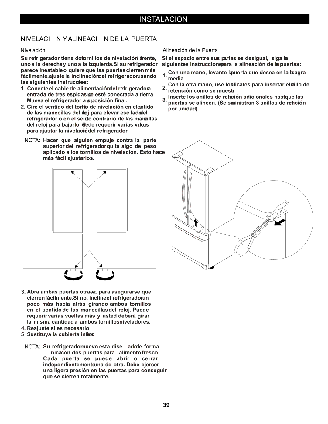 LG Electronics LFC20760 owner manual Nivelación Y Alineación DE LA Puerta, Alineación de la Puerta 