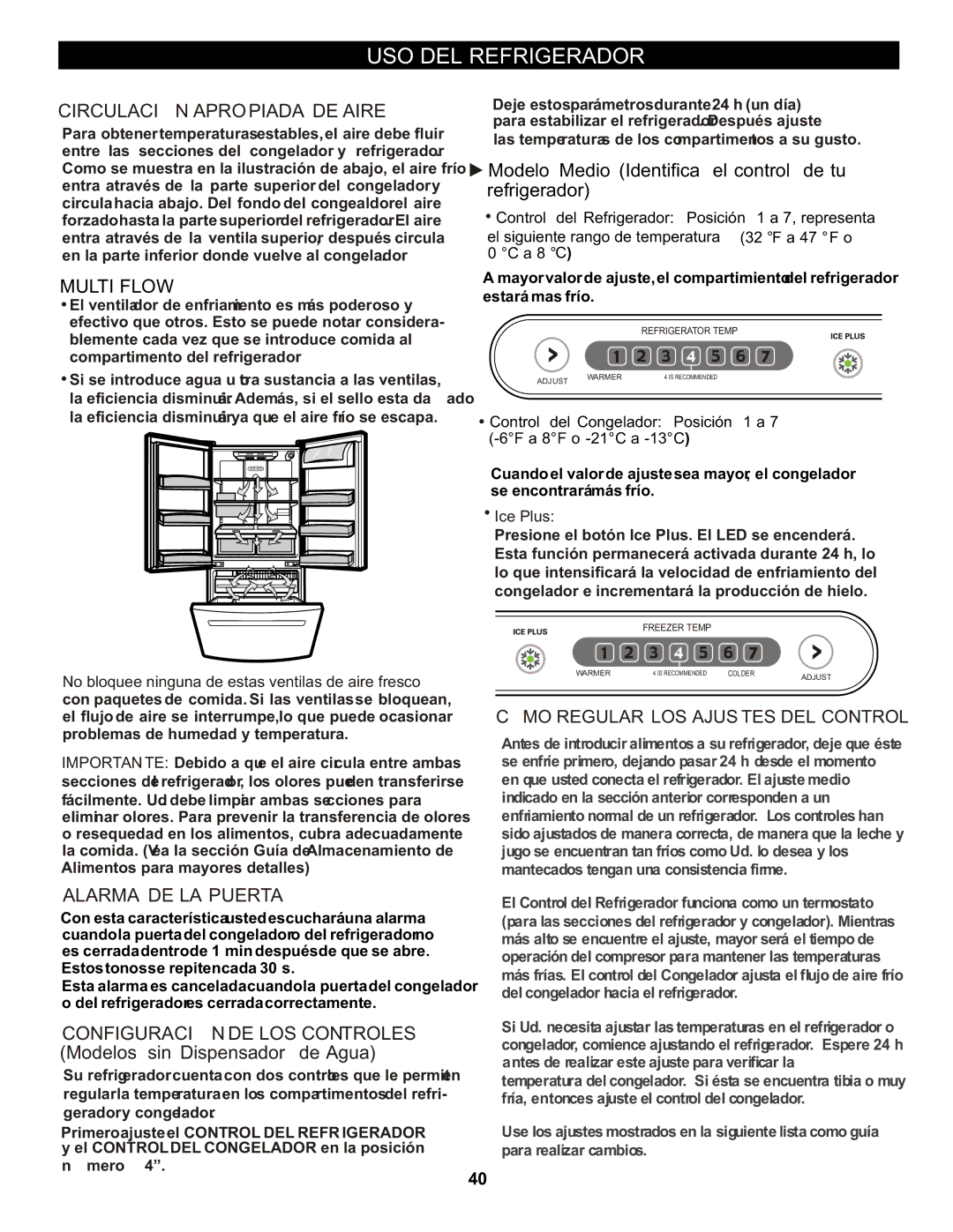 LG Electronics LFC20760 owner manual USO DEL Refrigerador, Circulación Apropiada DE Aire, Multi Flow, Alarma DE LA Puerta 