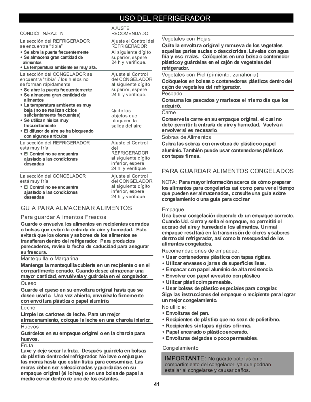 LG Electronics LFC20760 owner manual Para Guardar Alimentos Congelados, Guía Para Almacenar Alimentos 